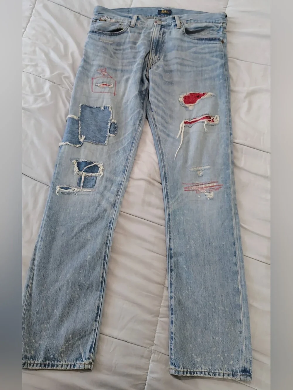 Polo Ralph Lauren Varick Slim 32x32 Distressed Patchwork Light Wash Jeans